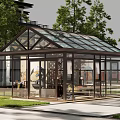 Modern Glass Pergola With Wooden Frame And Transparent Roof In Garden Setting