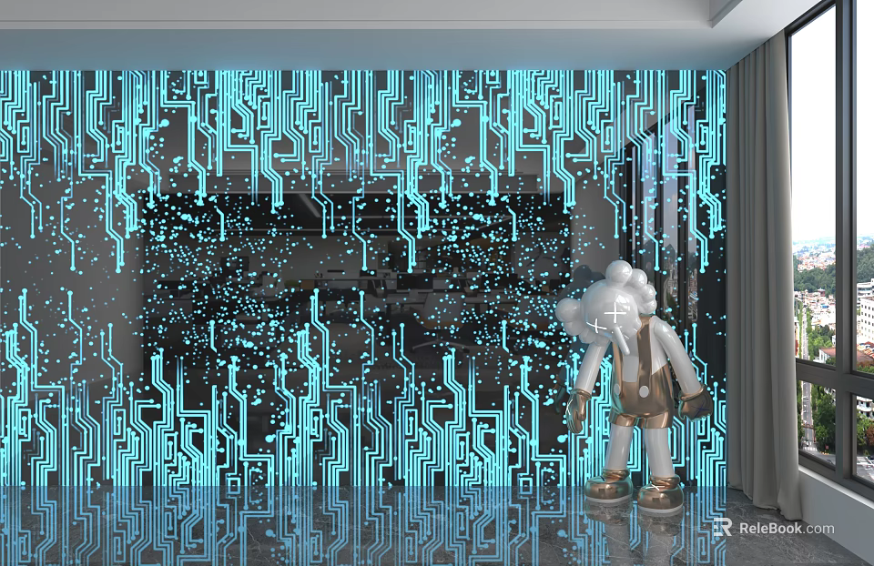 Modern Illuminated Wall Panel with Blue Circuit Pattern in Living Room Interior Design 3d model