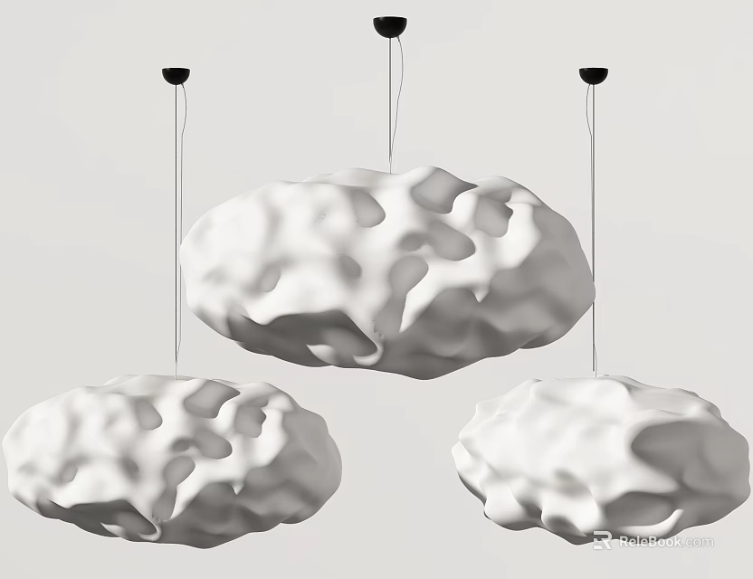 Three White Cloud Shaped Textured Chandeliers with Black Hanging Wires 3d model
