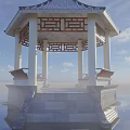 Scenic Pavilion With Blue Roof And White Pillars Over Calm Water Under Cloudy Sky