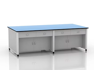 Modern Functional Desk with Blue Tabletop Gray Cabinetry Drawers and Doors 3d model