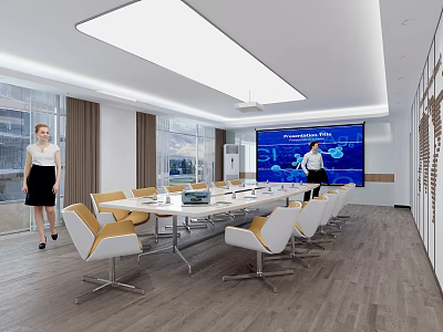 Modern Conference Room Interior With Long Conference Table White Orange Chairs Large Screen And Windows 3d model