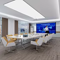 Modern Conference Room Interior With Long Conference Table White Orange Chairs Large Screen And Windows