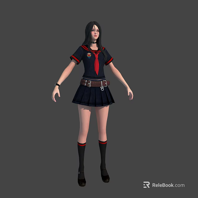 3D Female Character Model In Sailor Uniform With Red Tie Brown Belt And Black Skirt 3d model 