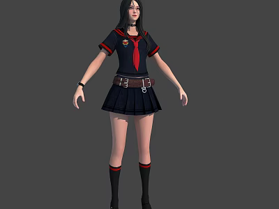 3D Female Character Model In Sailor Uniform With Red Tie Brown Belt And Black Skirt 3d model