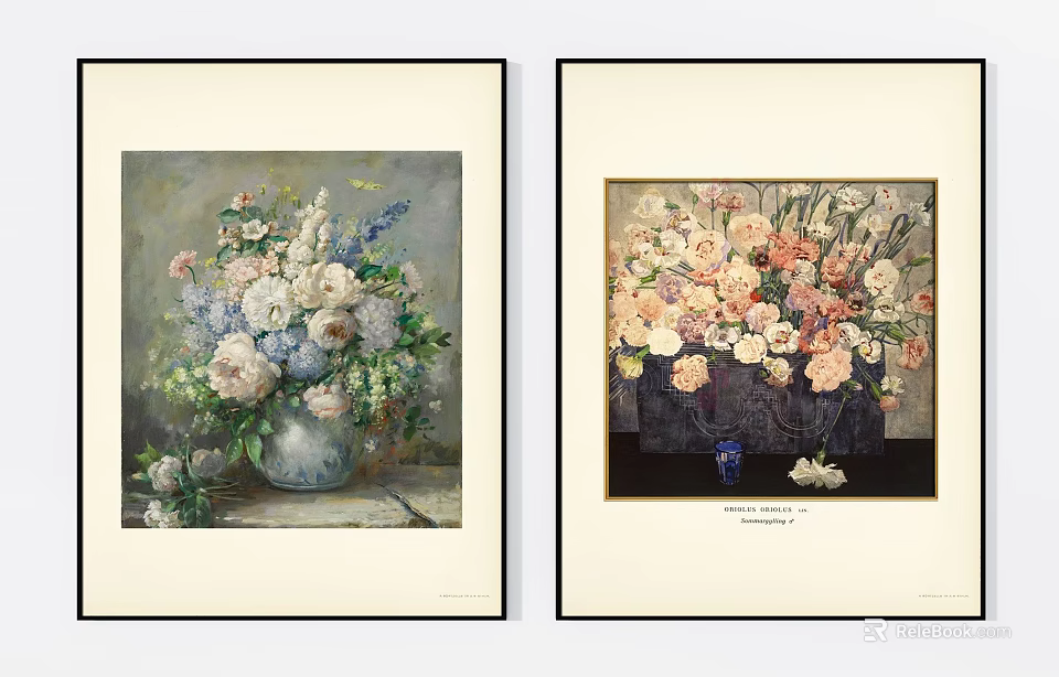 Vintage Floral Still Life Paintings With Blue White Pink Flowers In Vases 3d model 