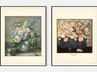 Vintage Floral Still Life Paintings With Blue White Pink Flowers In Vases 3d model