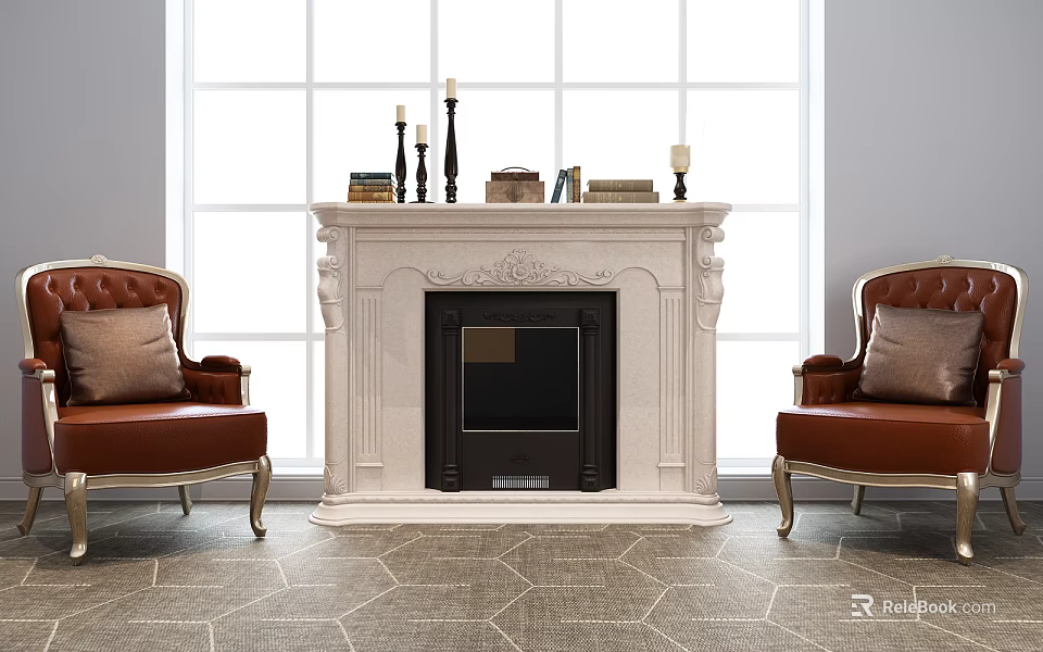 Brown Single Sofa Interior With Cushion Flanking White Fireplace Large Window Hexagonal Tile Floor 3d model