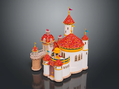 Fairy Tale Castle Architecture With Red Domes White Walls and Flag Topped Towers 3d model
