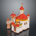 Fairy Tale Castle Architecture With Red Domes White Walls and Flag Topped Towers