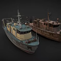 Vintage Ships with Yellow Blue Hulls and Rustic Brown Structures on Dark Background