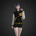 Woman in Black Yellow Baseball Jacket with 88 Gray Sleeves Black Shorts and Gray Hair
