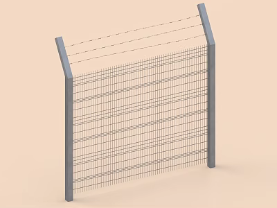 Building Exterior Wall Fence With Barbed Wire Gray Posts Grid Mesh And Slanted Top 3d model