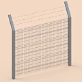 Building Exterior Wall Fence With Barbed Wire Gray Posts Grid Mesh And Slanted Top