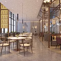 Modern Hotpot Restaurant Spacious Interior With Pendant Lights Wooden Tables Chairs And Green Plants