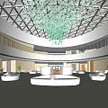 Modern Spacious Lobby Interior With Circular Ceiling Green Chandelier And White Curved Sofas
