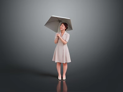 Cute Child in Light Gray Dress Holding Umbrella Standing on Gray Background 3d model