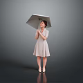 Cute Child in Light Gray Dress Holding Umbrella Standing on Gray Background