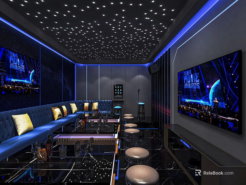 Stylish KTV Room Design With Starry Ceiling Blue Lighting Blue Sofas And TV Screen 3d model 