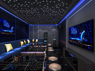 Stylish KTV Room Design With Starry Ceiling Blue Lighting Blue Sofas And TV Screen 3d model
