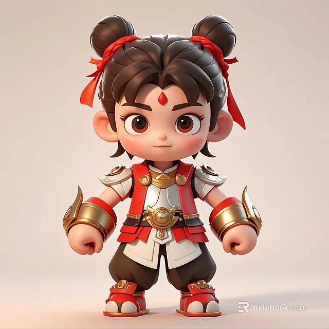 Cartoon Man With Double Buns Red Ribbon Traditional Red White Outfit And Gold Decorations 3d model 