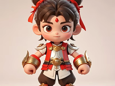 Cartoon Man With Double Buns Red Ribbon Traditional Red White Outfit And Gold Decorations 3d model
