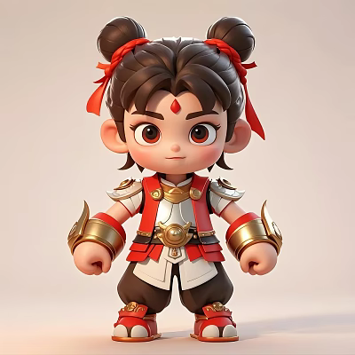 Cartoon Man With Double Buns Red Ribbon Traditional Red White Outfit And Gold Decorations 3d model