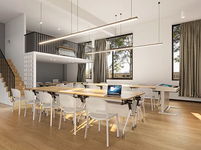 Modern School Open Learning Space With Desks Chairs And Large Windows 3d model