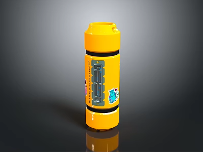 Yellow Cylindrical Device With Black Middle Section Multiple Ports And Blue Logo Design 3d model