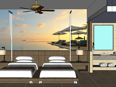 Hotel Room With Ocean View Sunset Twin Beds Ceiling Fan And Bathroom Amenities 3d model