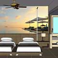 Hotel Room With Ocean View Sunset Twin Beds Ceiling Fan And Bathroom Amenities