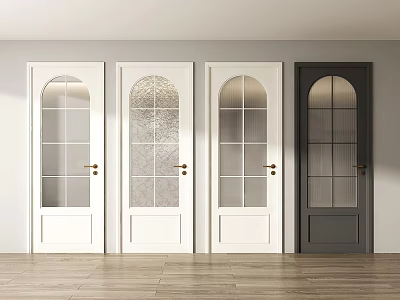 White and Dark Gray Swing Doors with Decorative Glass Panels and Brass Handles 3d model