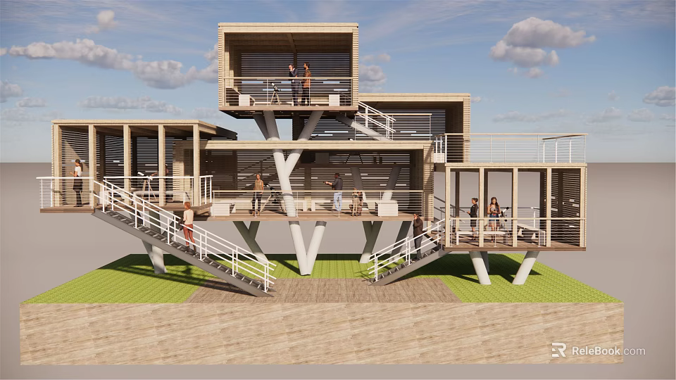 Modern Roadside Public Facility With Open Multi Level Platforms And Pedestrian Staircases 3d model 