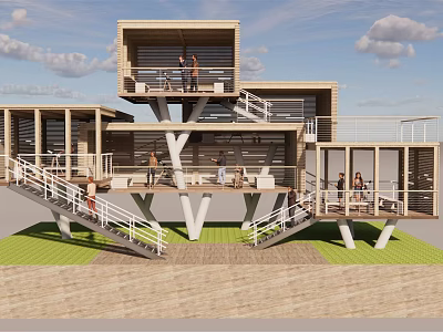 Modern Roadside Public Facility With Open Multi Level Platforms And Pedestrian Staircases 3d model