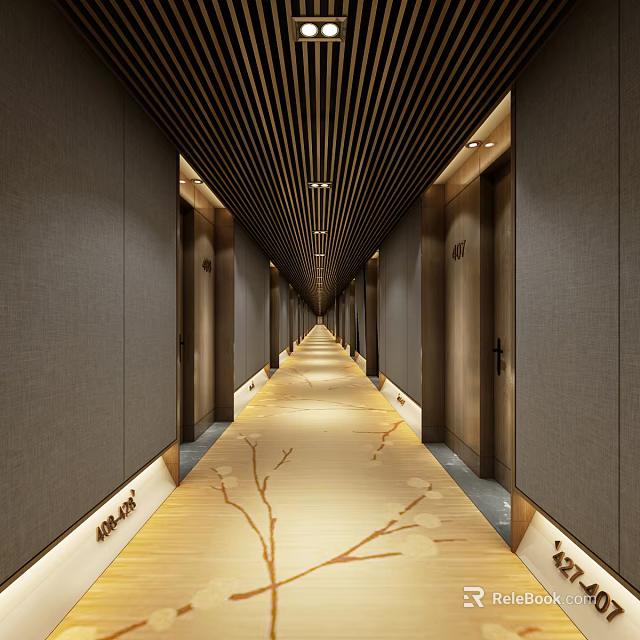 Hotel Corridor With Wooden Ceiling Branch Pattern Carpet And Warm Lighting 3d model 