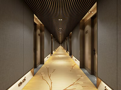 Hotel Corridor With Wooden Ceiling Branch Pattern Carpet And Warm Lighting 3d model