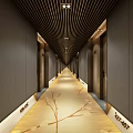Hotel Corridor With Wooden Ceiling Branch Pattern Carpet And Warm Lighting 3d model