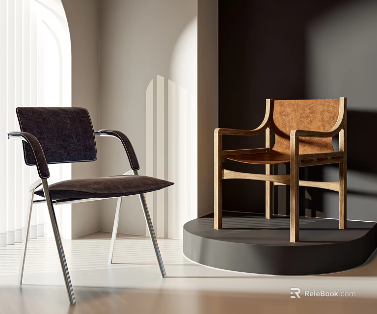 Modern Leisure Chairs with Dark Metal Frame and Brown Wooden Design in Bright Interior 3d model 