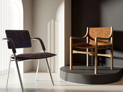 Modern Leisure Chairs with Dark Metal Frame and Brown Wooden Design in Bright Interior 3d model