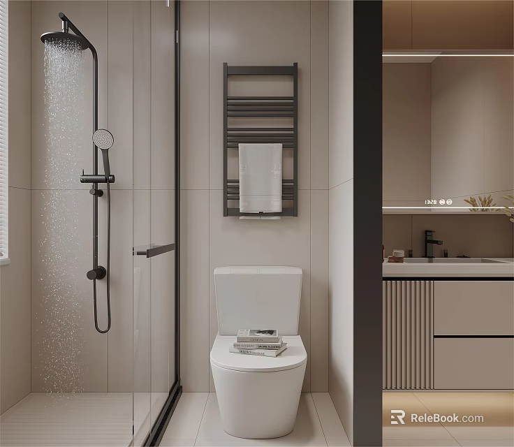 Modern Bathroom Interior With Shower Toilet Towel Rack Mirror And Vanity 3d model 