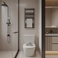 Modern Bathroom Interior With Shower Toilet Towel Rack Mirror And Vanity