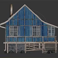 Small Blue House Building on Stilts with Sloped Mossy Roof Skylights and Balcony