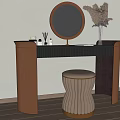 Elegant Modern Dressing Table With Round Mirror Stool And Dried Flowers Vase 3d model