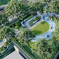 Tranquil Park Landscape With Lush Trees Curved Pathways Green Lawn And Seating Areas