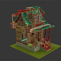Cartoon Style House With Green Roof Red Accents And Pink Lantern On Green Grass