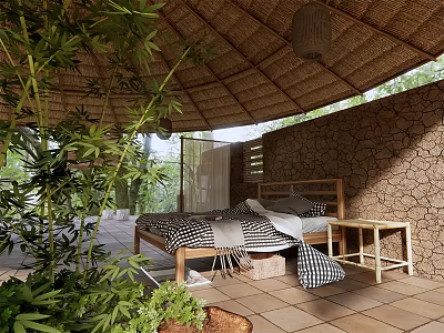 Hotel Room With Thatched Roof Wooden Bed Green Plants Stone Wall And Tiled Floor 3d model