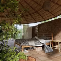 Hotel Room With Thatched Roof Wooden Bed Green Plants Stone Wall And Tiled Floor