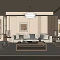 Elegant Living Room Interior With Beige Sofa Wooden Coffee Table Decorative Paintings And Pendant Light