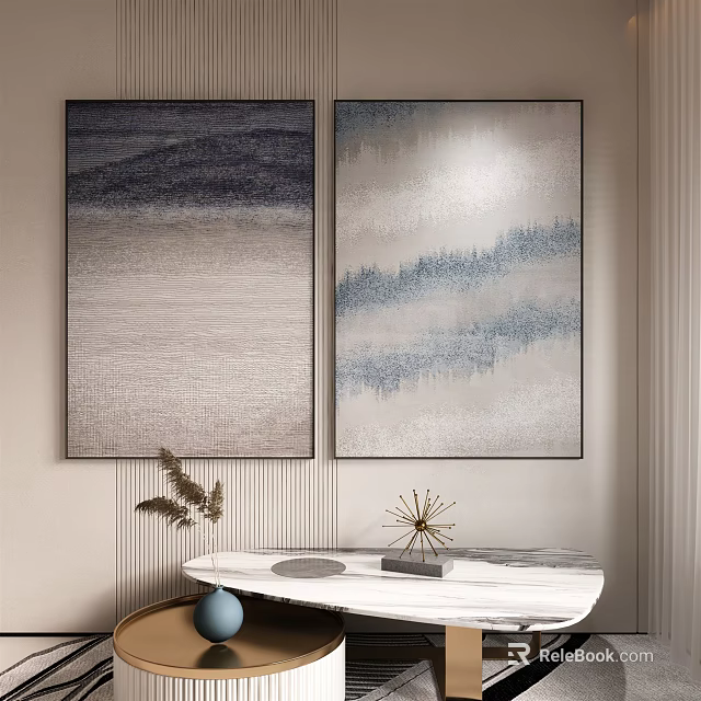 Modern Interior with Abstract Paintings Light Colored Wall White Round Table and Decorations 3d model