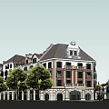 European Style Commercial Street With Plaza Greenery Fountains And Traditional Buildings